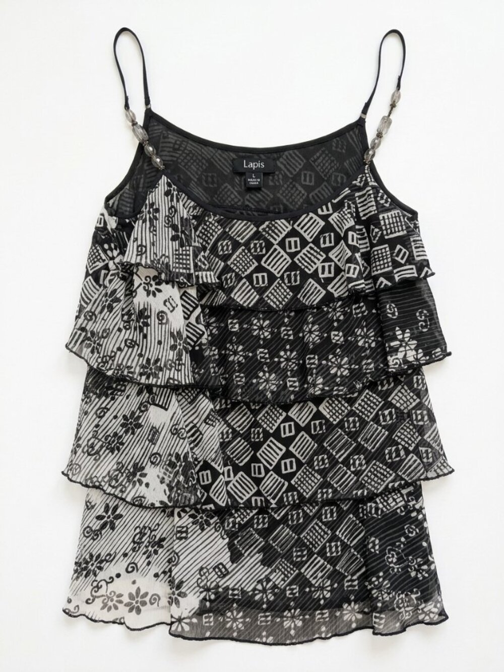 Lapis Vintage Y2K Tiered Patchwork Print Ruffle Cami Tank Top Large